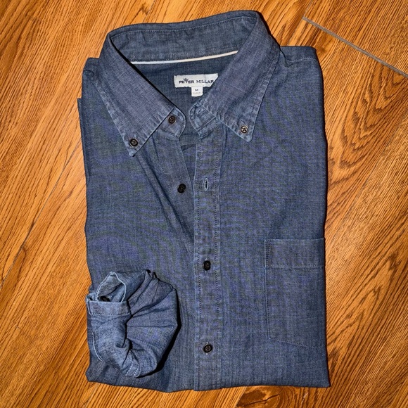 Peter Millar Men's Indigo Tamworth Chambray Shirt Medium - Picture 5 of 16